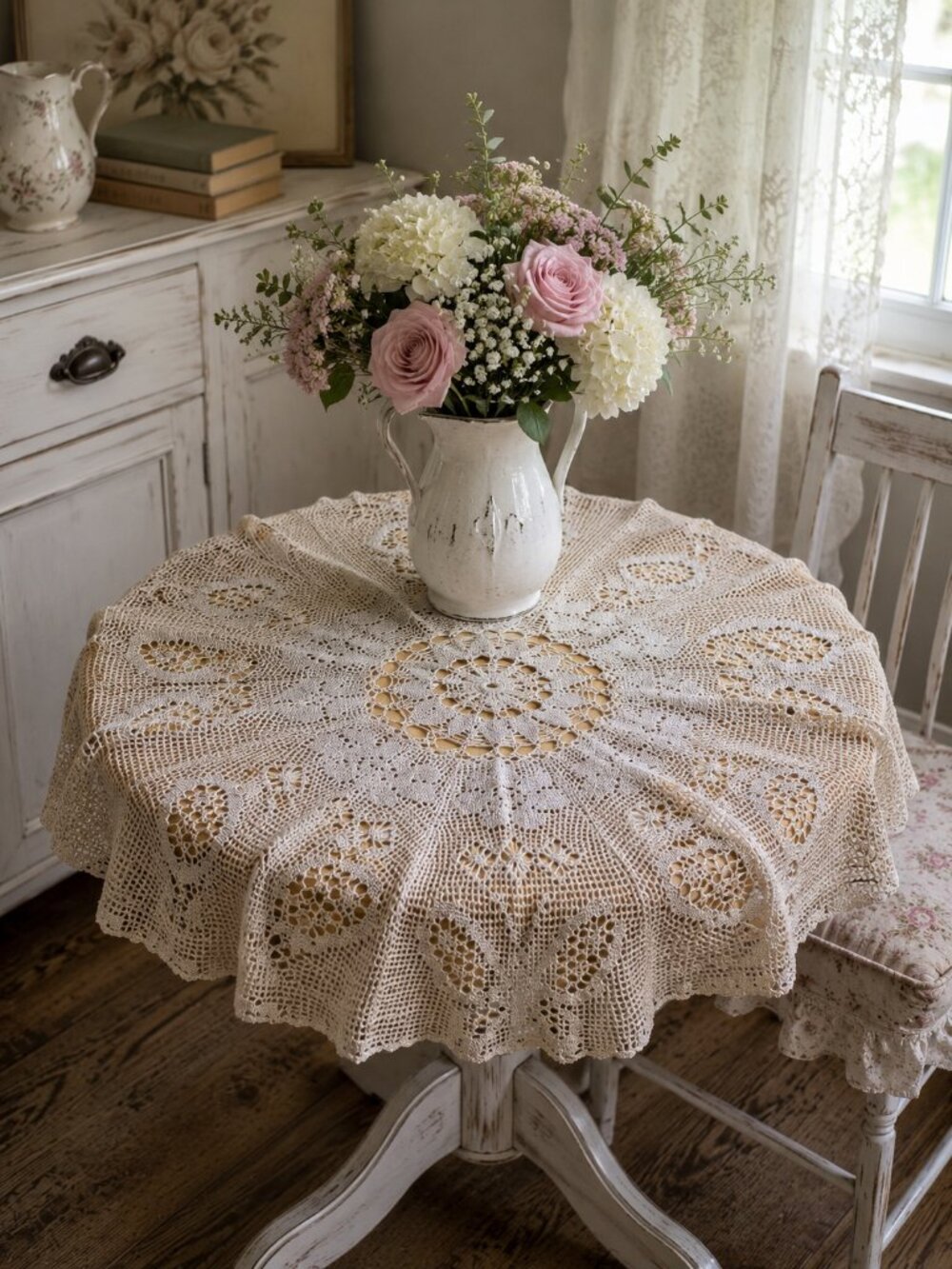 Vintage Hand Crocheted Butterfly Motif Tablecloth